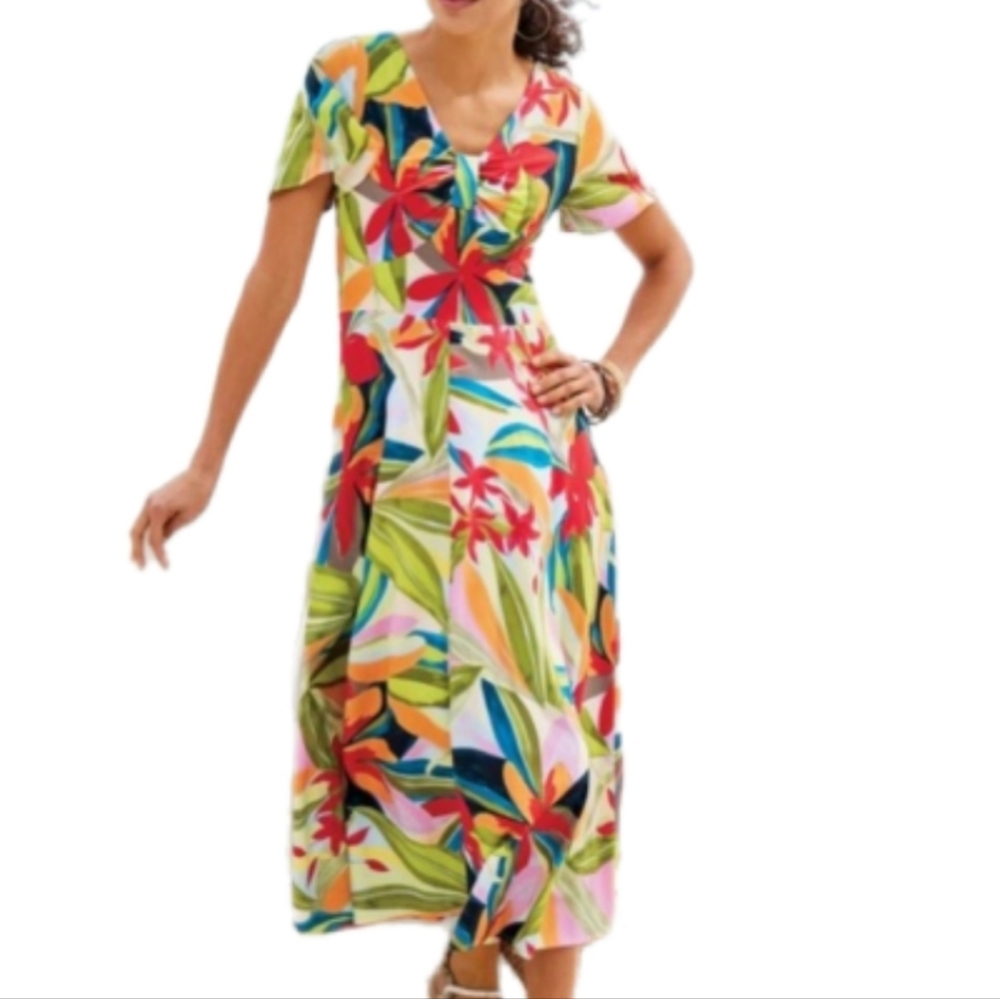 Soft Surroundings Gemini Midi Floral Print Dress Large